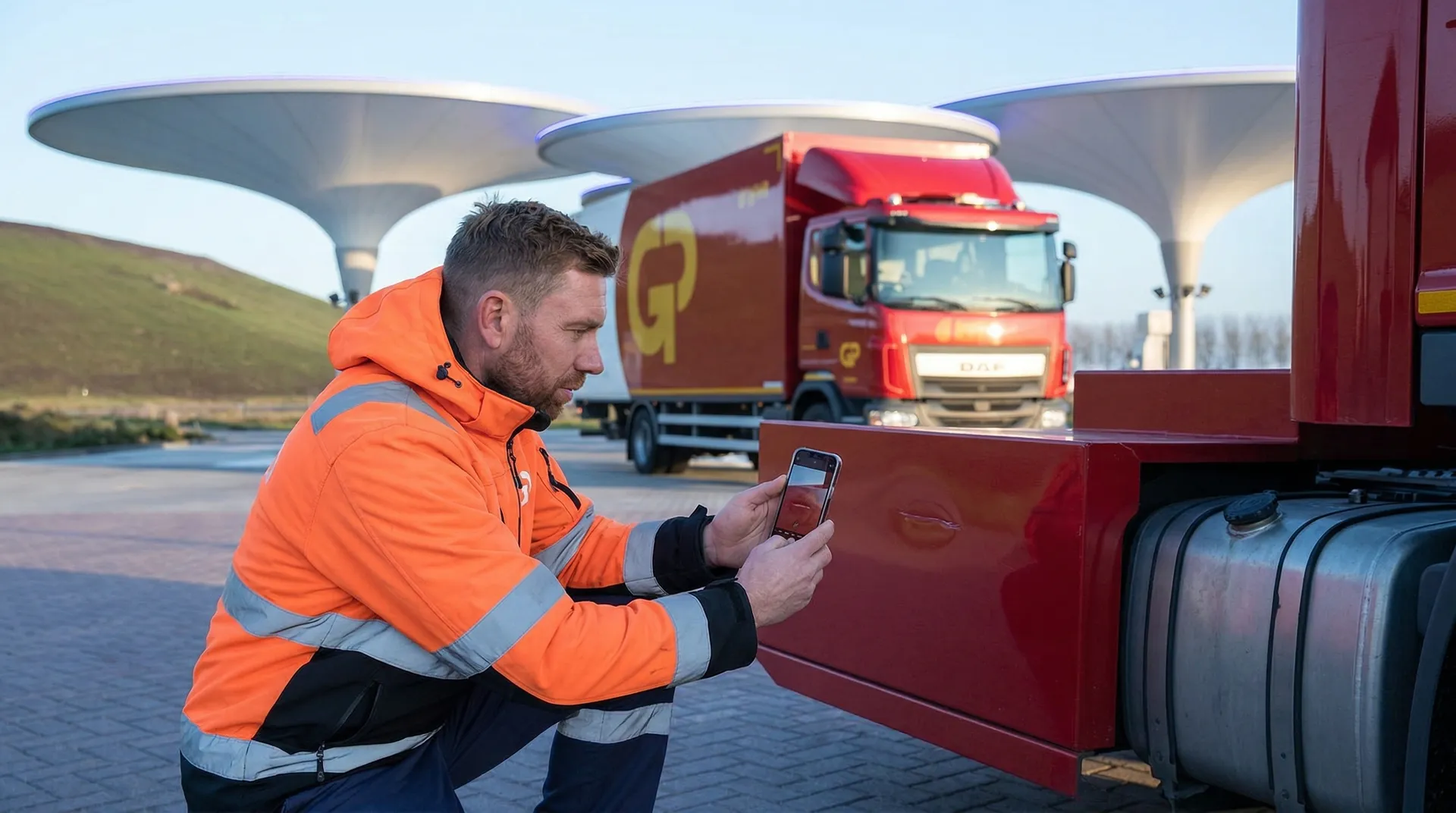 Fahrer führt die tägliche Fahrzeuginspektion mit Smartphone durch